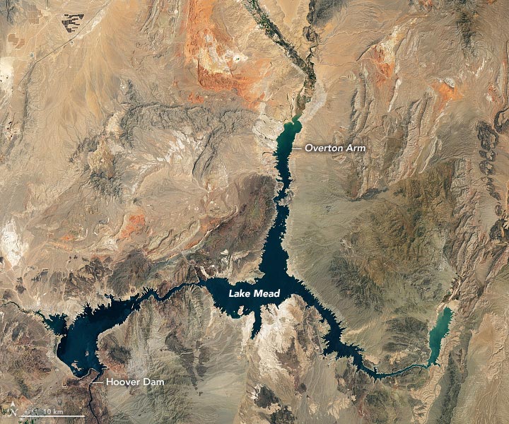 Lake Mead low water, Water Drought, Dry Lake,, arial view
